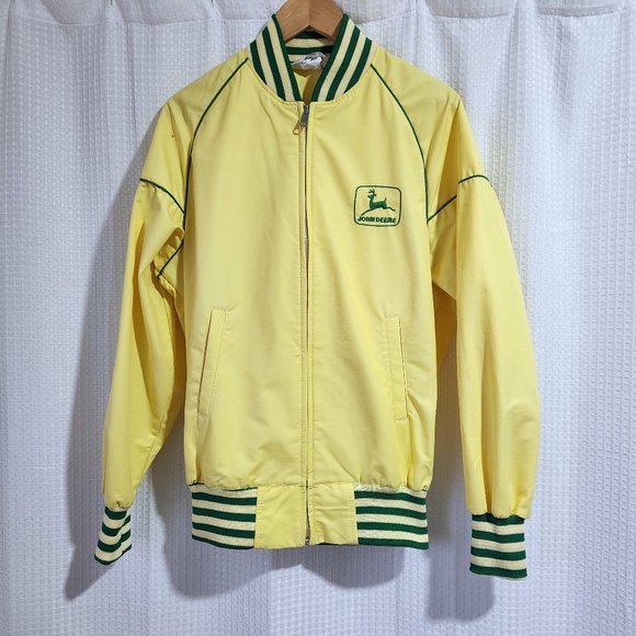 John Deere Jacket Bomber Style Vintage Lightweight Size Medium Yellow Ribbing - Picture 1 of 10
